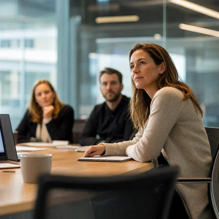 Woman taking notes while listening in a meeting