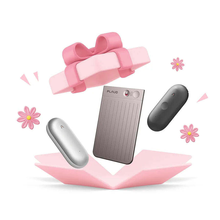 Plaud AI voice recorder and NotePin devices floating from a pink gift box with floral accents, ideal for productivity and meeting note-taking