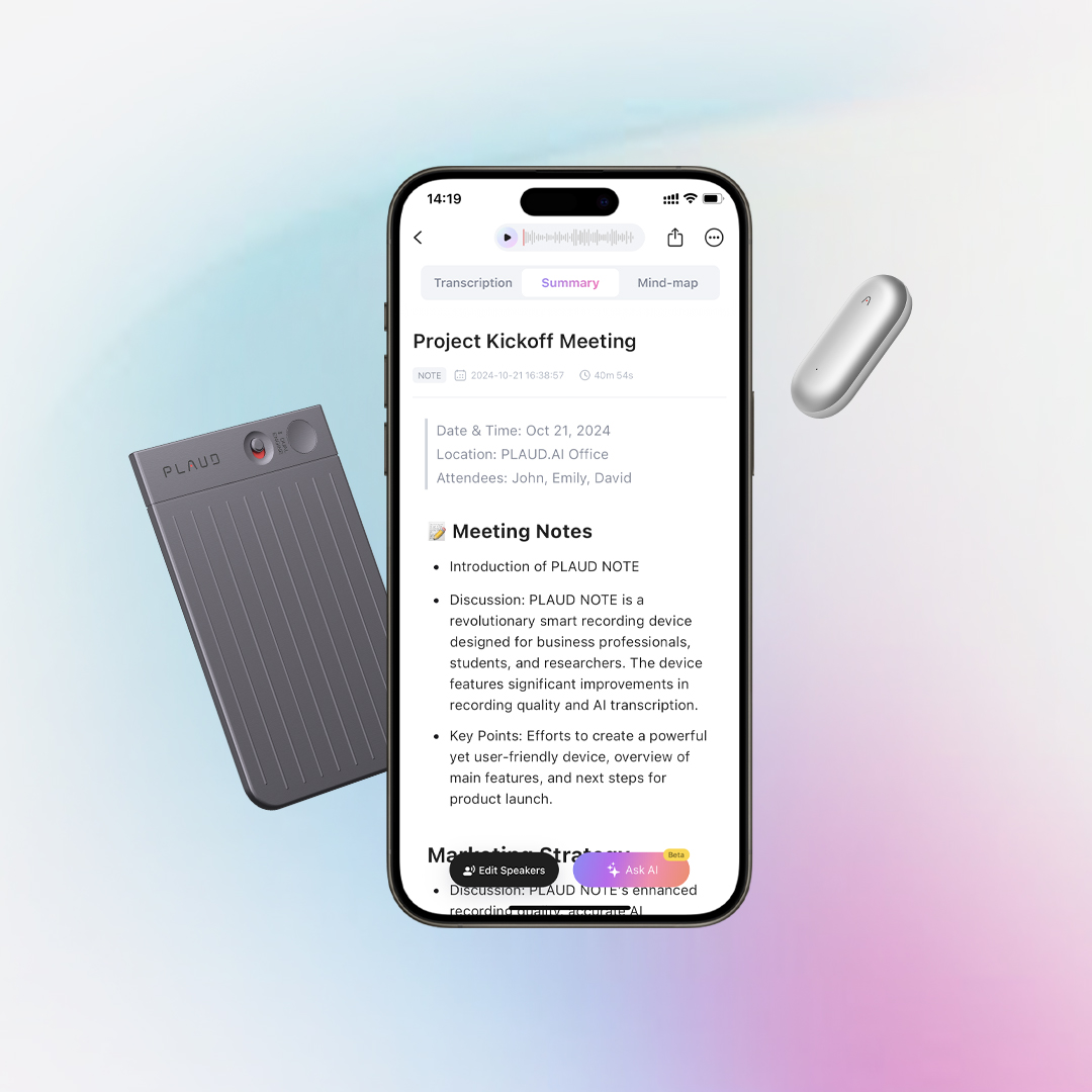Grey Plaud Note Pro and silver Plaud NotePin with a smartphone showing meeting notes in the Plaud App.