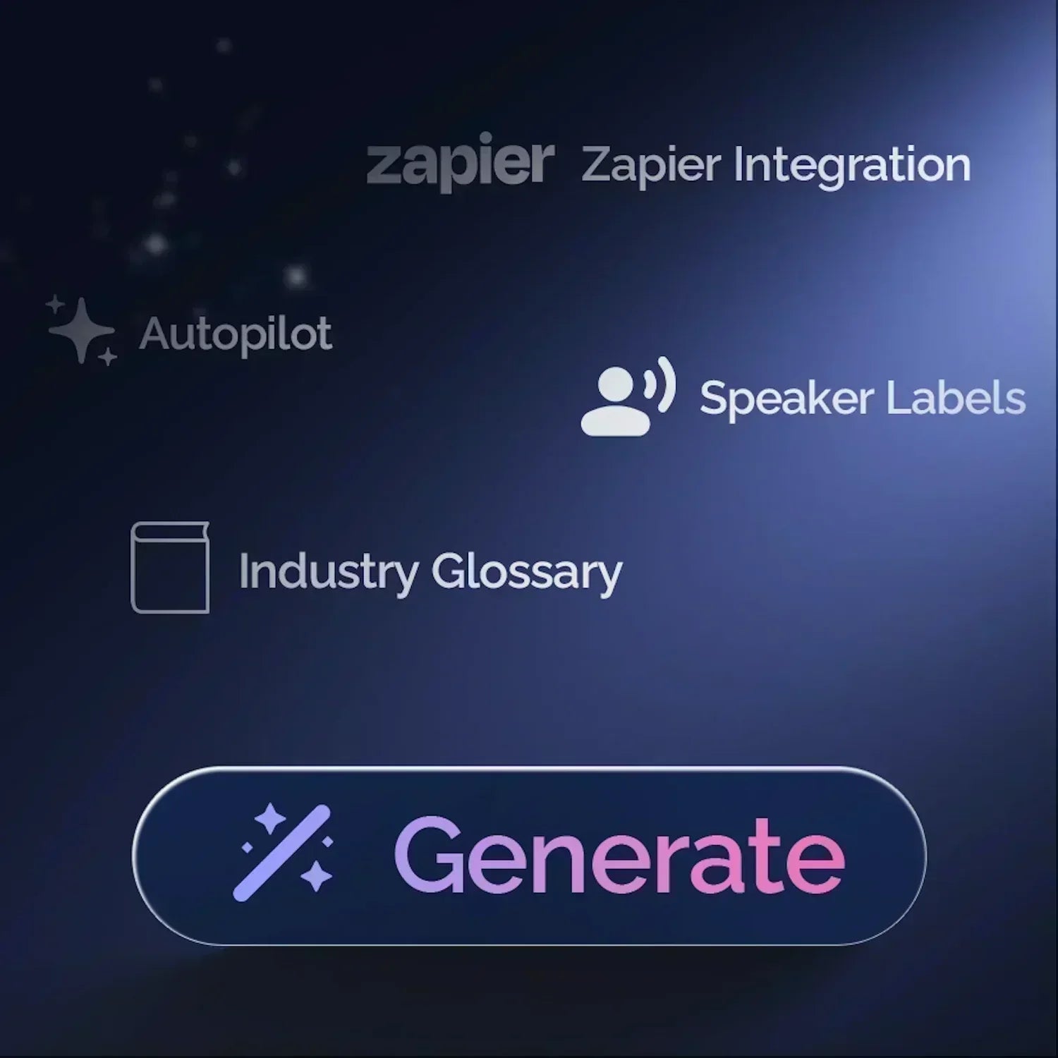Plaud AI software features including Zapier Integration, Autopilot, Speaker Labels, and a Generate button.