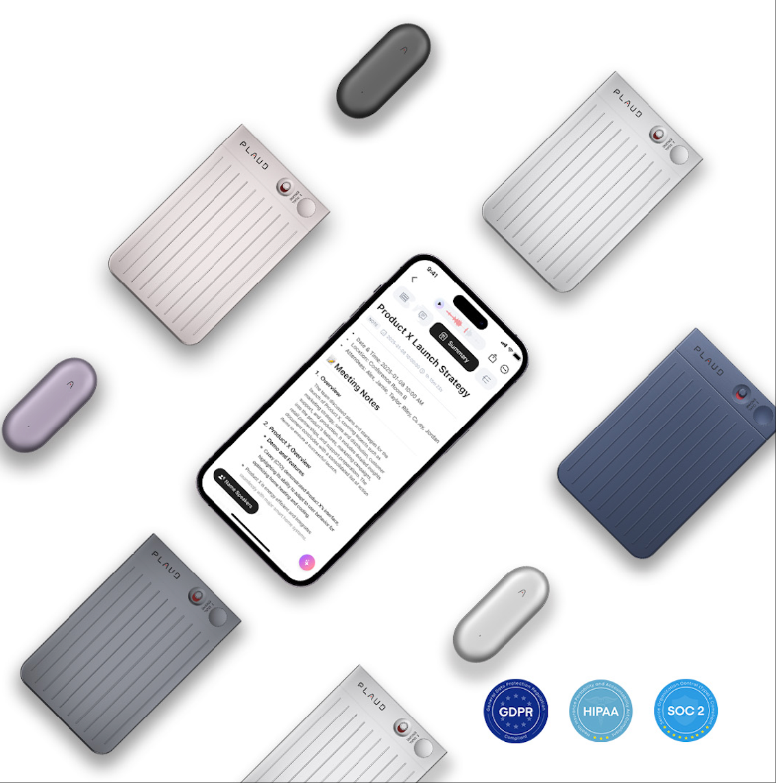 Plaud Note Pro and Plaud NotePin devices surround a phone with the Plaud App and GDPR, HIPAA, and SOC 2 badges.