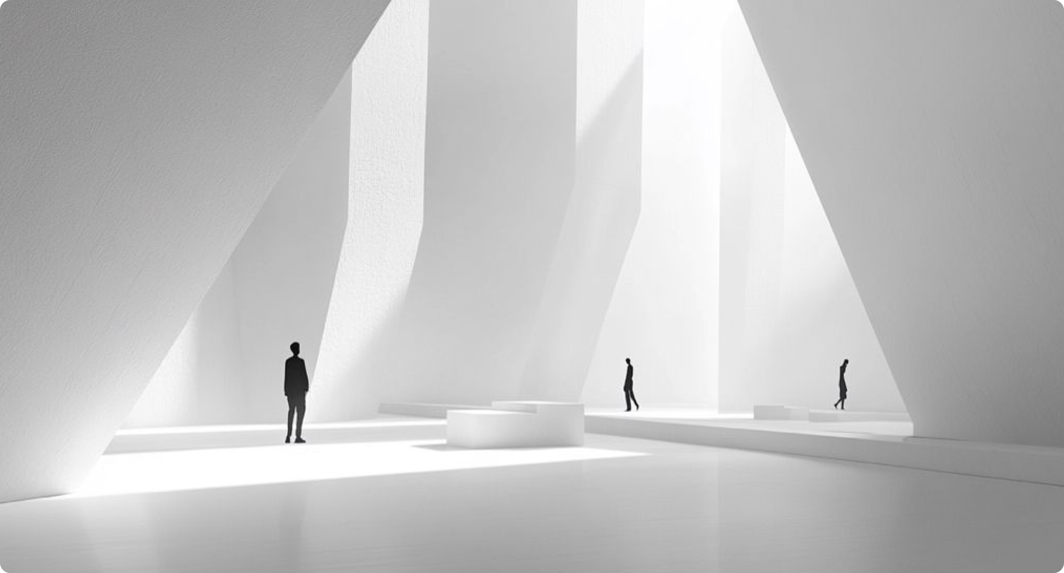 Minimalist white architectural space with bright light and three small black human silhouettes.