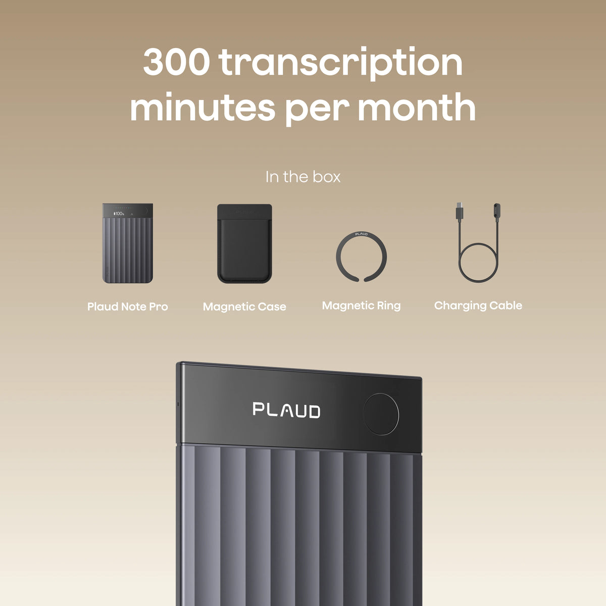 A black Plaud Note Pro includes a magnetic case, ring, and charging cable, offering 300 transcription minutes per month.