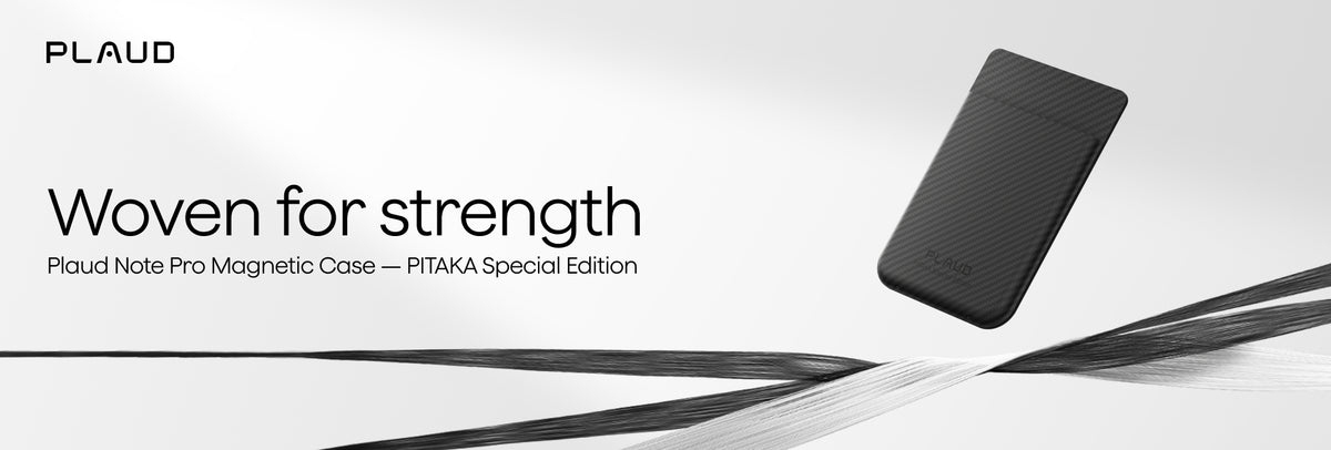 Black Plaud Note Pro Magnetic Case PITAKA Special Edition with woven texture and 'Woven for strength' text.