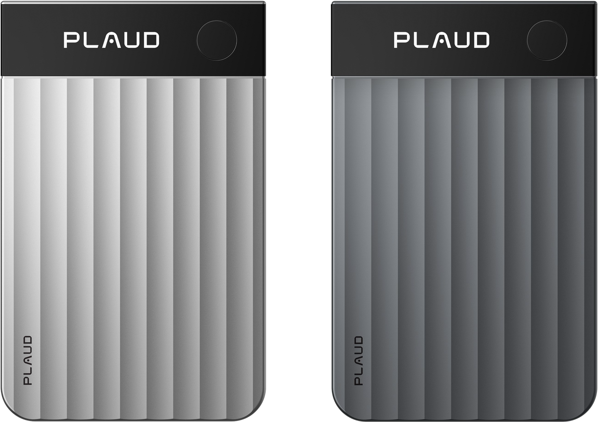 Silver and space gray Plaud Note Pro AI voice recorders with ribbed vertical-striped bodies.
