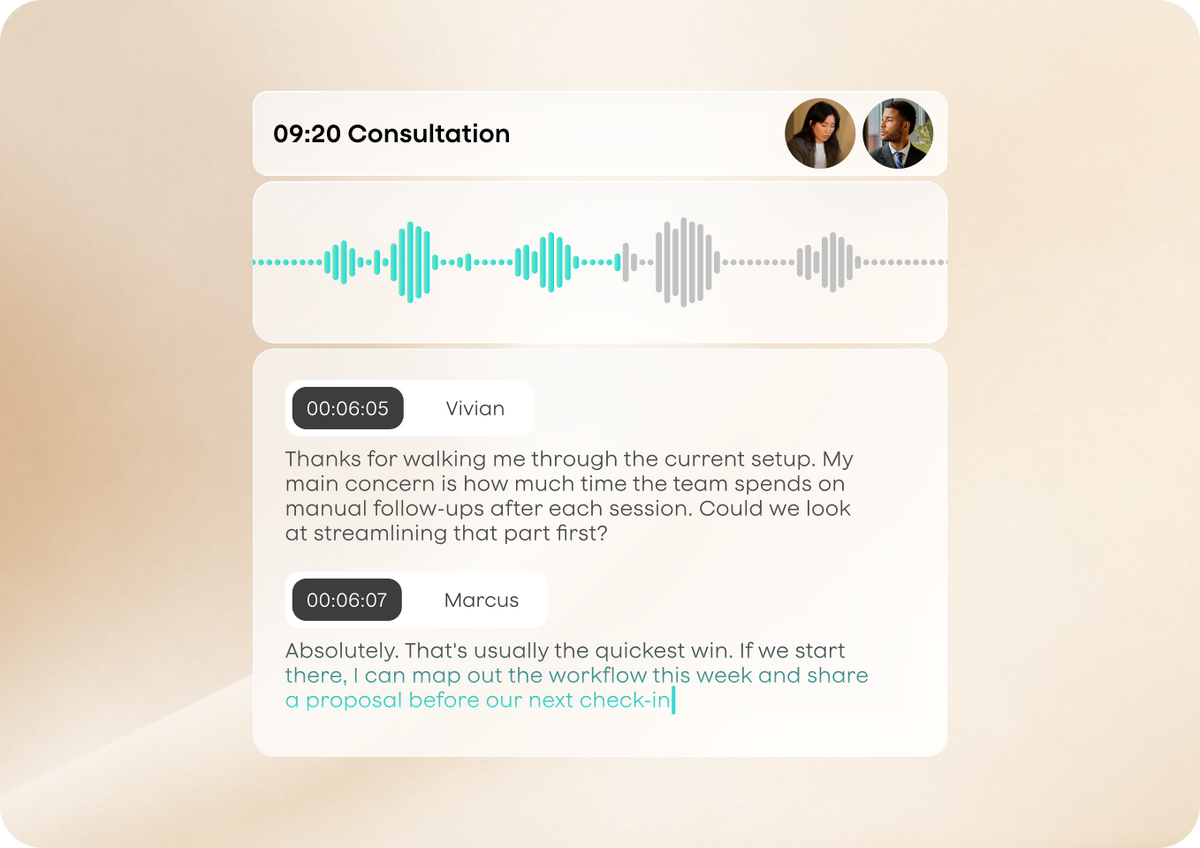 A consultation recording showing a waveform and a speaker-labelled transcript