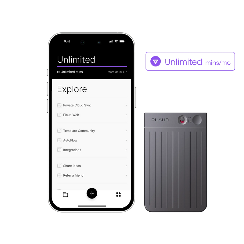 Gray Plaud Note Pro next to a phone showing the Plaud Unlimited Plan with unlimited minutes and Private Cloud Sync.