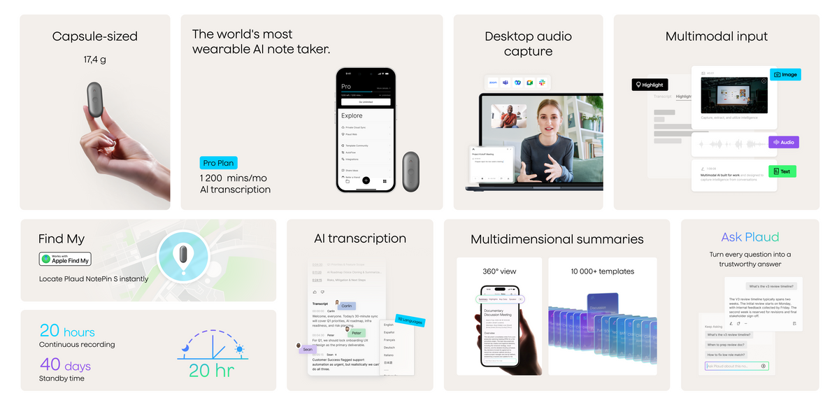 Features of the silver Plaud NotePin S: AI transcription, 20h recording, Find My support, and capsule-sized design.