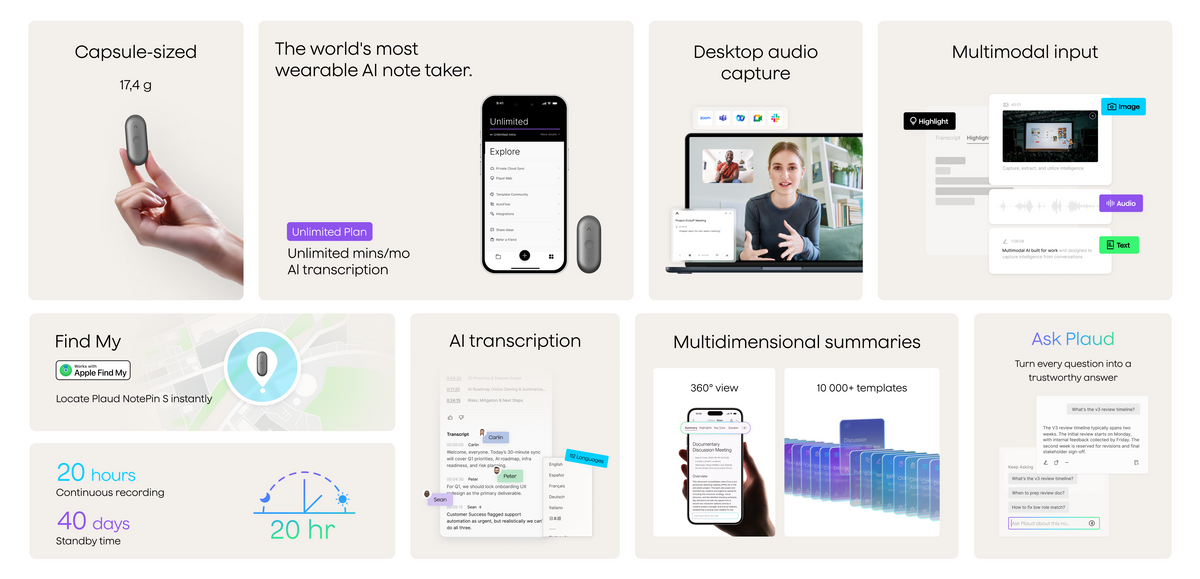 Plaud NotePin S features: 17.4g weight, AI transcription, 20h recording, Apple Find My, and multidimensional summaries.