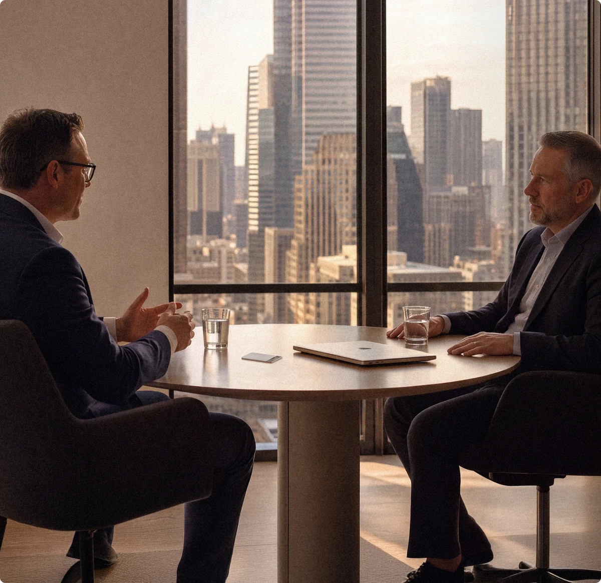 Two executives discuss, recording with a Plaud Note Pro to support decision-making details.