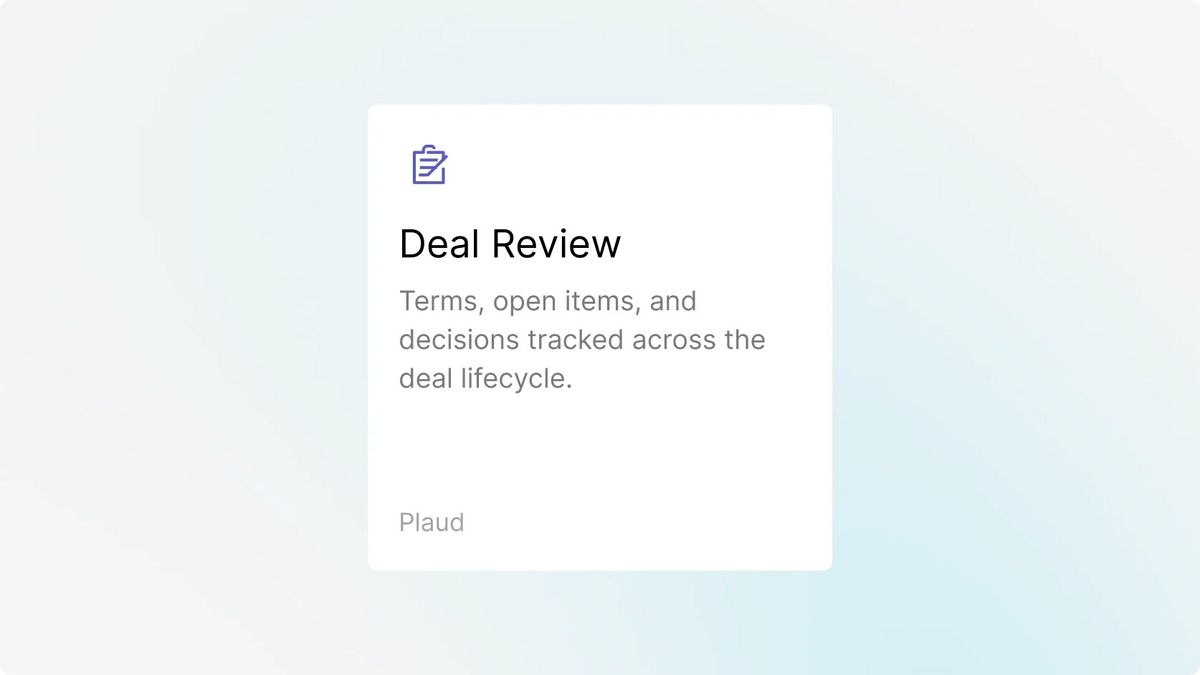 Plaud for Deal Review templates user interface screen.
