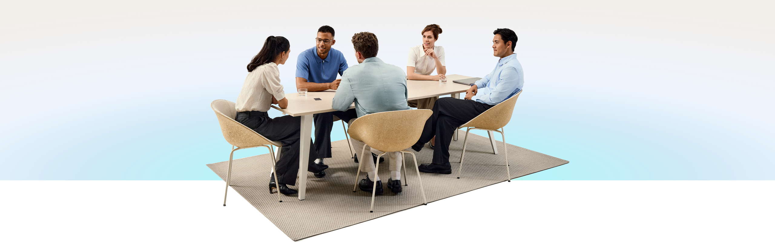 Five professionals in a meeting with a black Plaud Note on the table for recording.