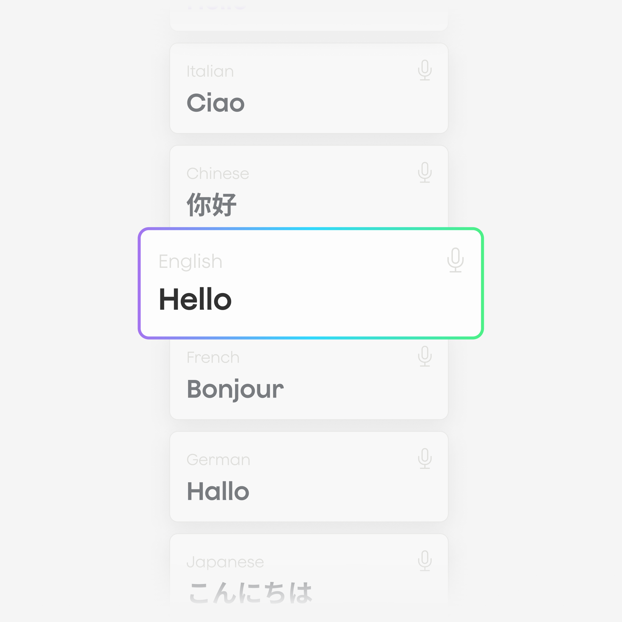 Plaud App UI displaying multi-language transcription cards for English, Italian, Chinese, and French.