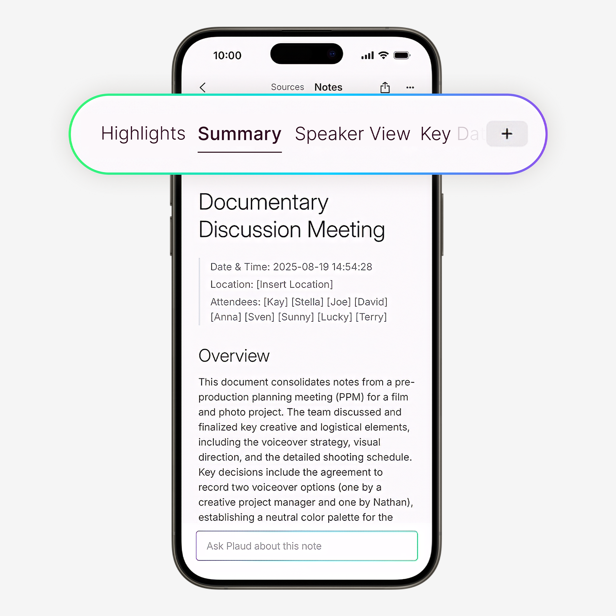 Plaud App interface showing a meeting summary with tabs for highlights and speaker view, plus an Ask Plaud chat box.