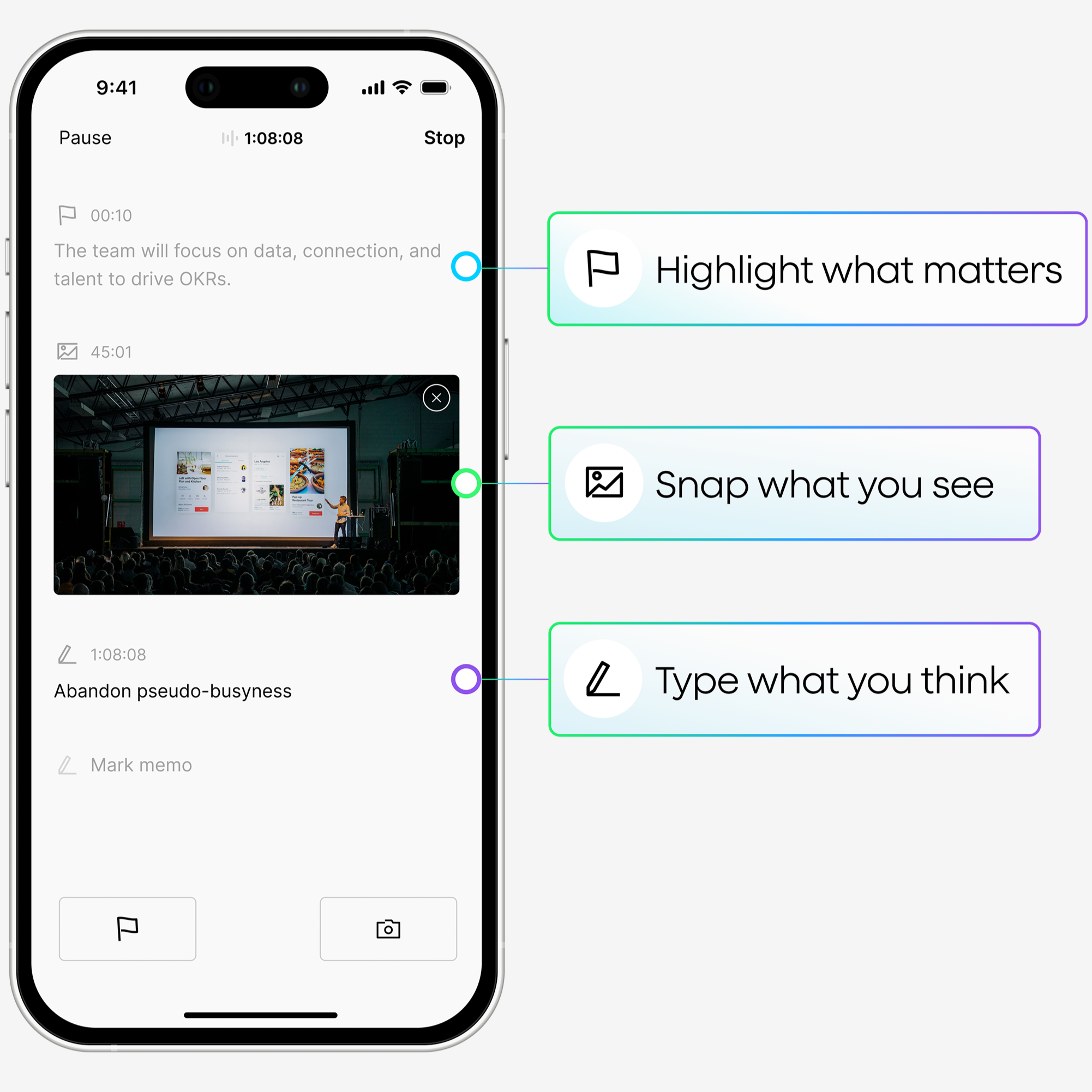 Plaud App interface showing features to highlight notes, snap photos, and type thoughts during a recording.