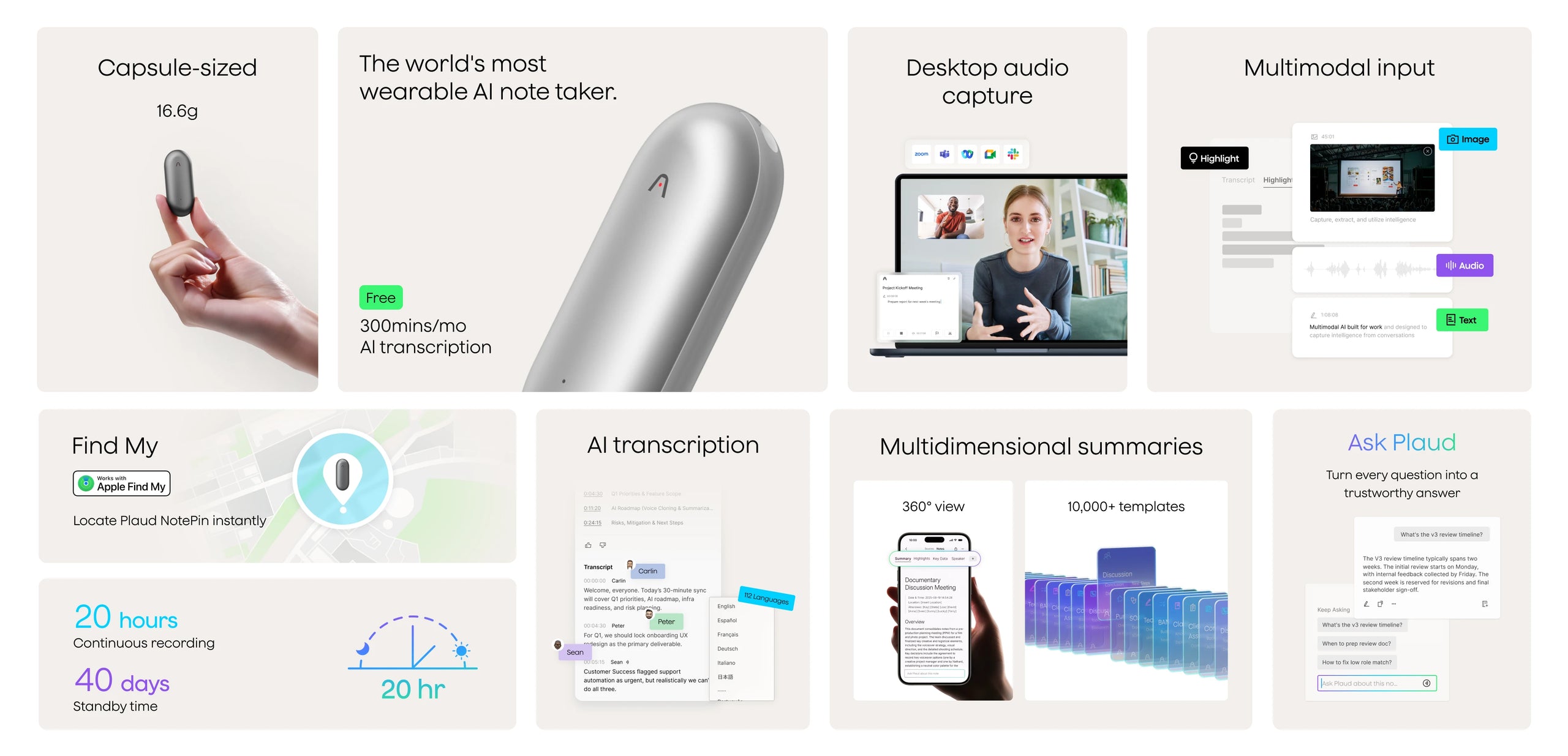 Silver Plaud NotePin features: AI transcription, 20-hour recording, Apple Find My support, and capsule-sized design.