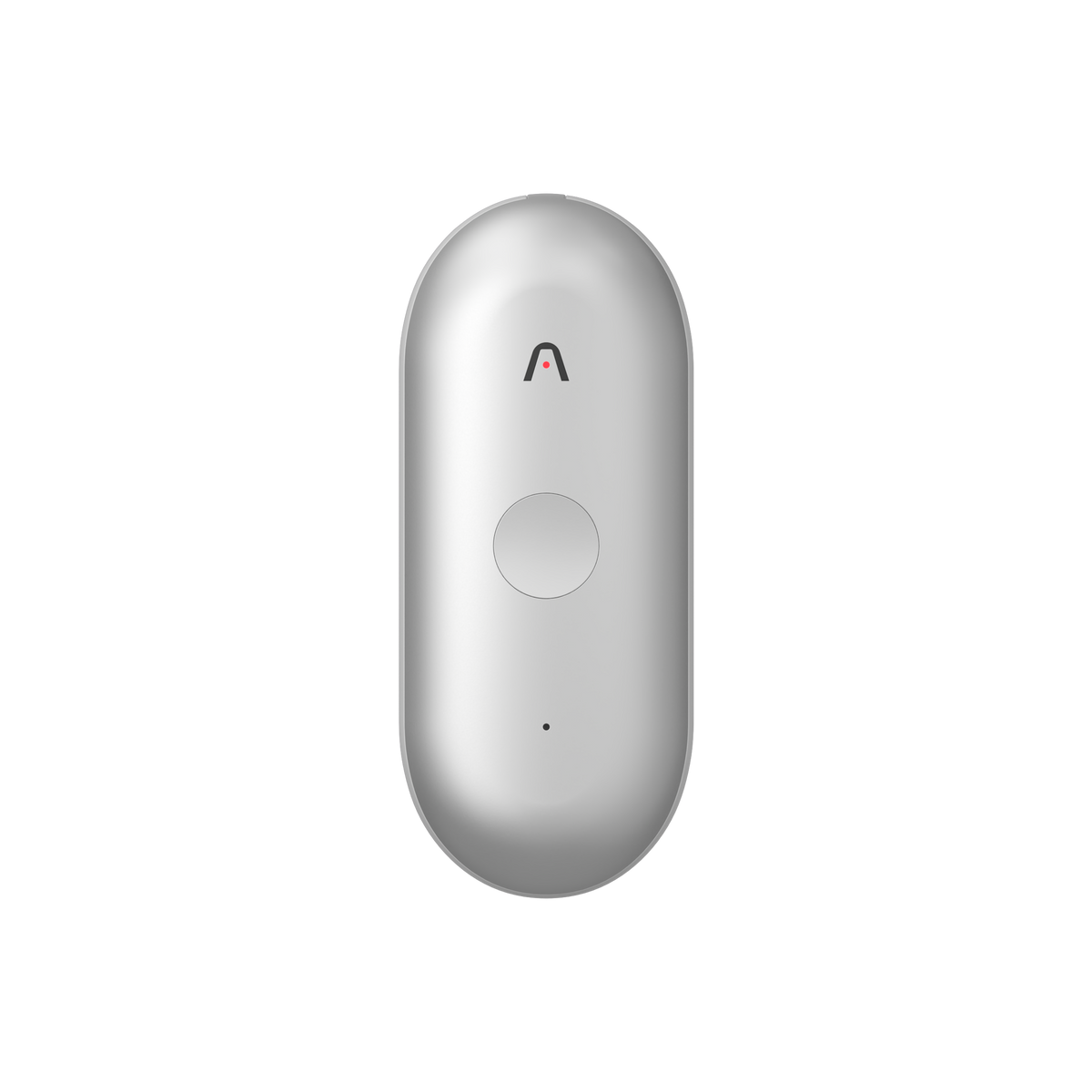 A silver Plaud NotePin S wearable AI recorder features a round central button and a chevron logo on its front face.