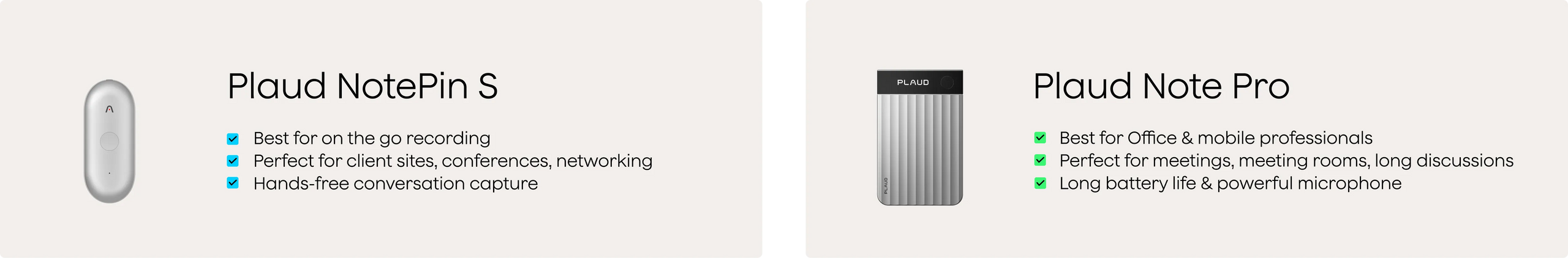 Comparison of Plaud NotePin S for on-the-go recording and Plaud Note Pro for office professionals and long meetings.