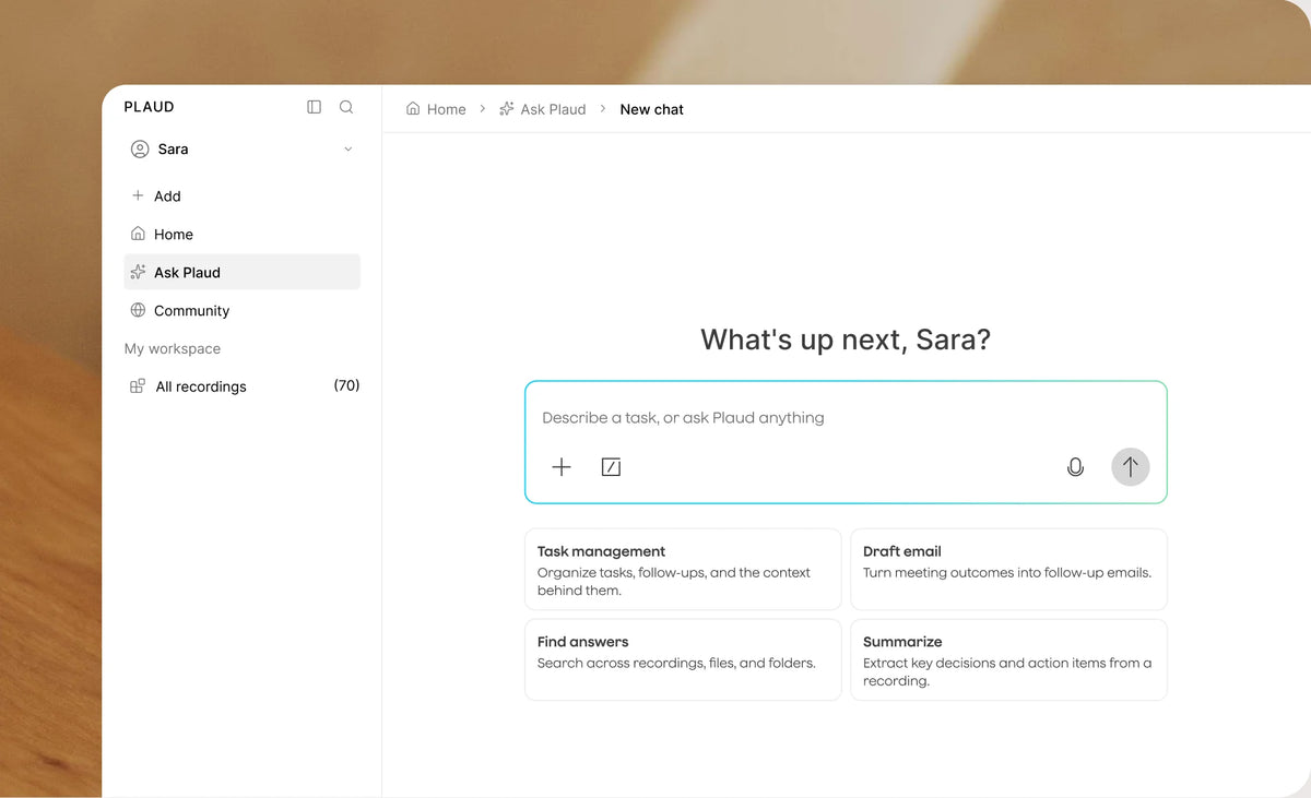 Plaud Web with the Ask Plaud chat open and suggested tasks below the prompt