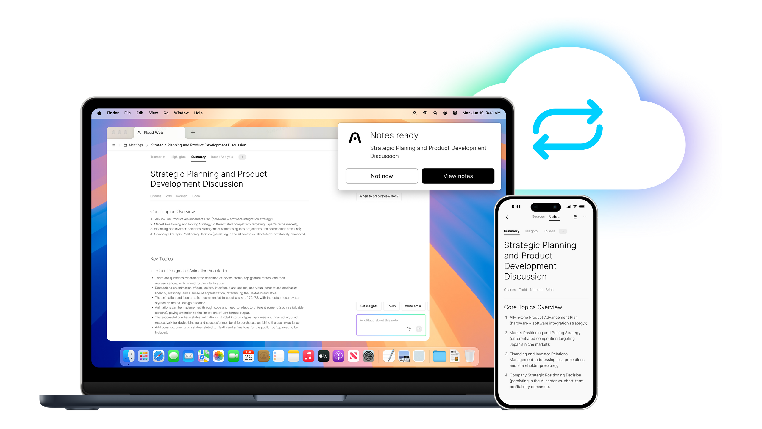 Plaud Web and Plaud App displaying synchronized AI-generated meeting summaries across a laptop and smartphone.