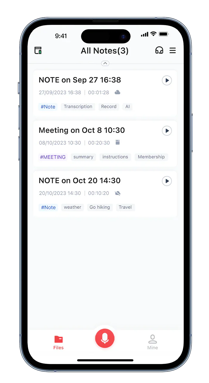 Plaud App interface on a smartphone showing a list of recorded notes, meeting summaries, and transcription tags.