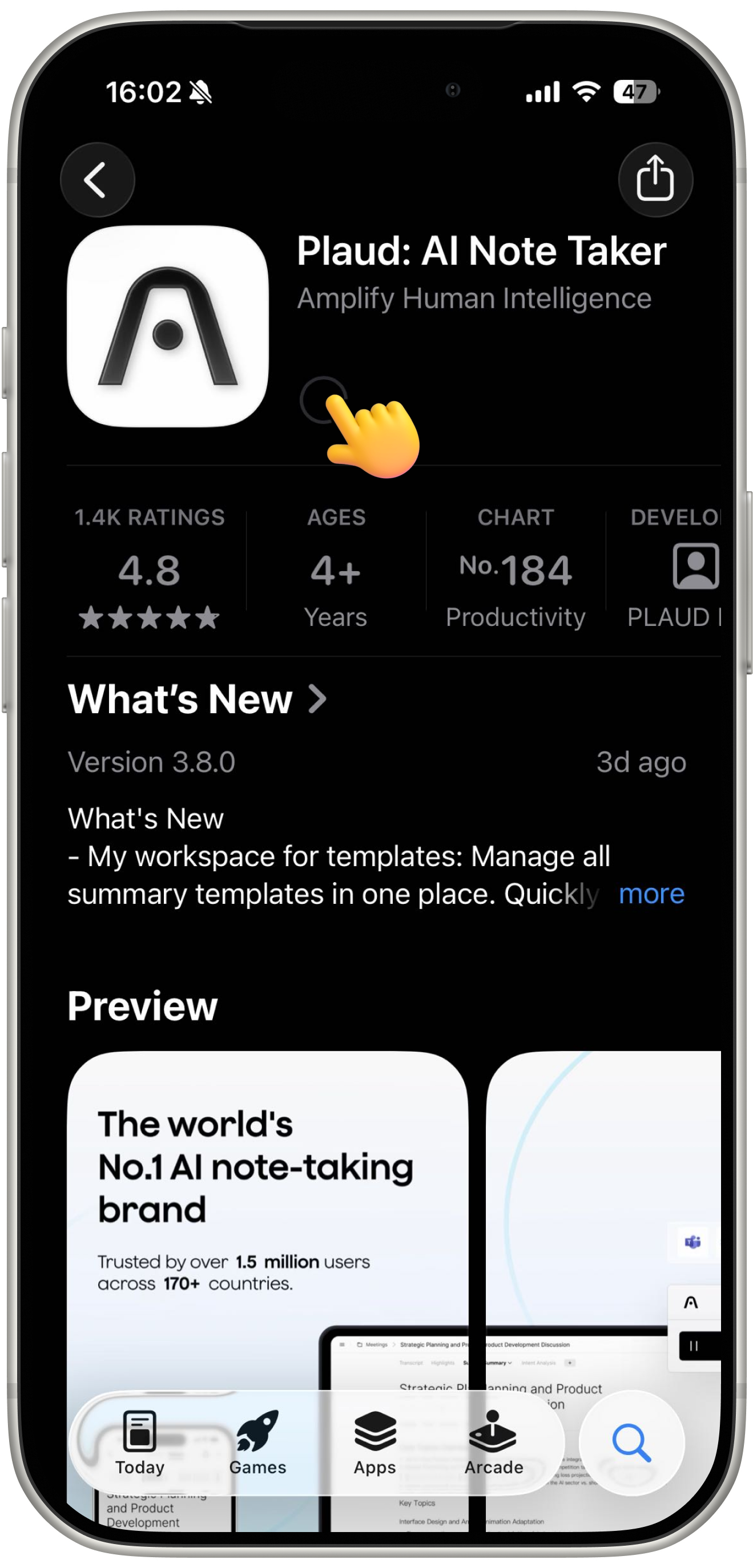 Plaud App listing on the App Store showing a 4.8-star rating and new workspace template features.