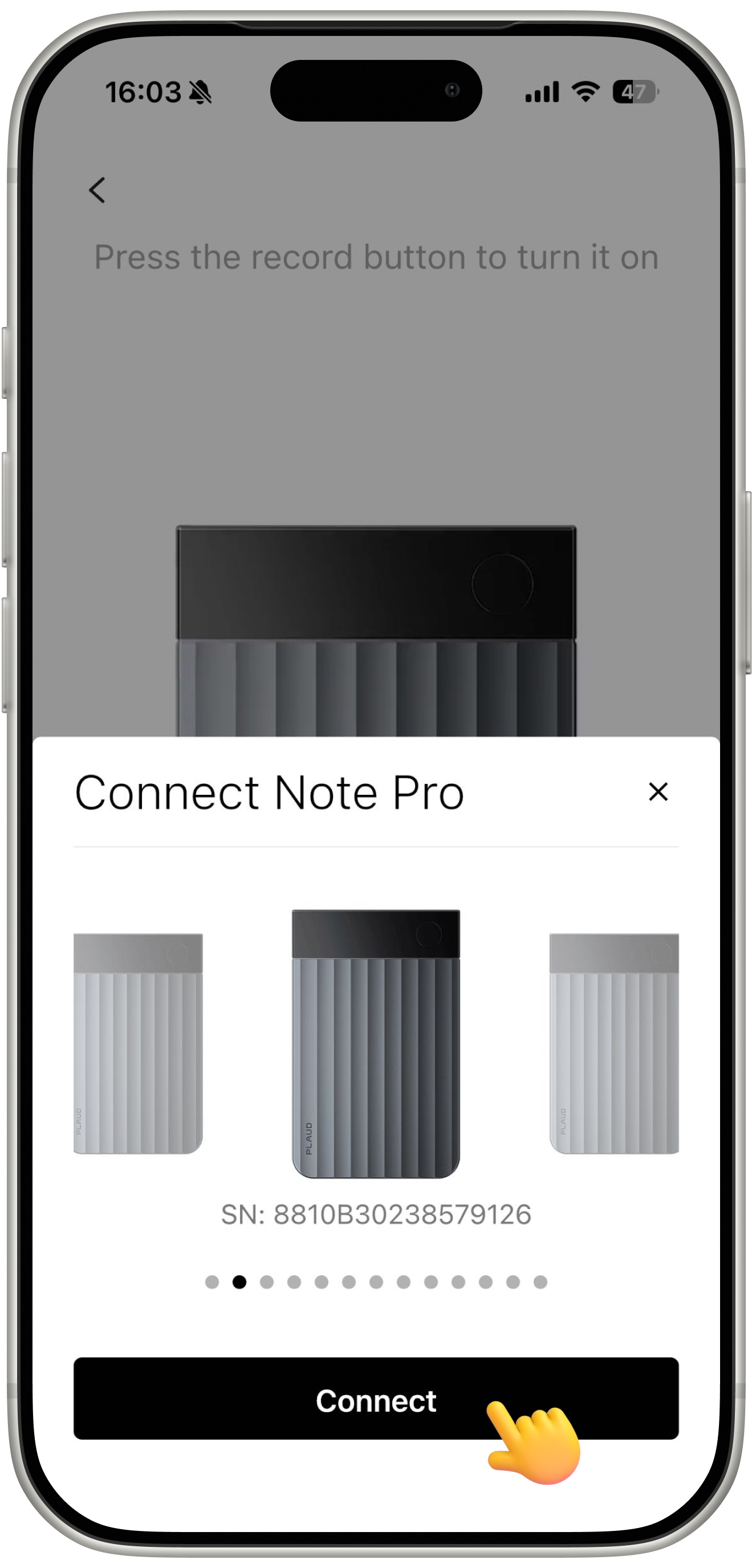 Plaud App interface on a smartphone showing a prompt to connect a gray ribbed Plaud Note Pro.