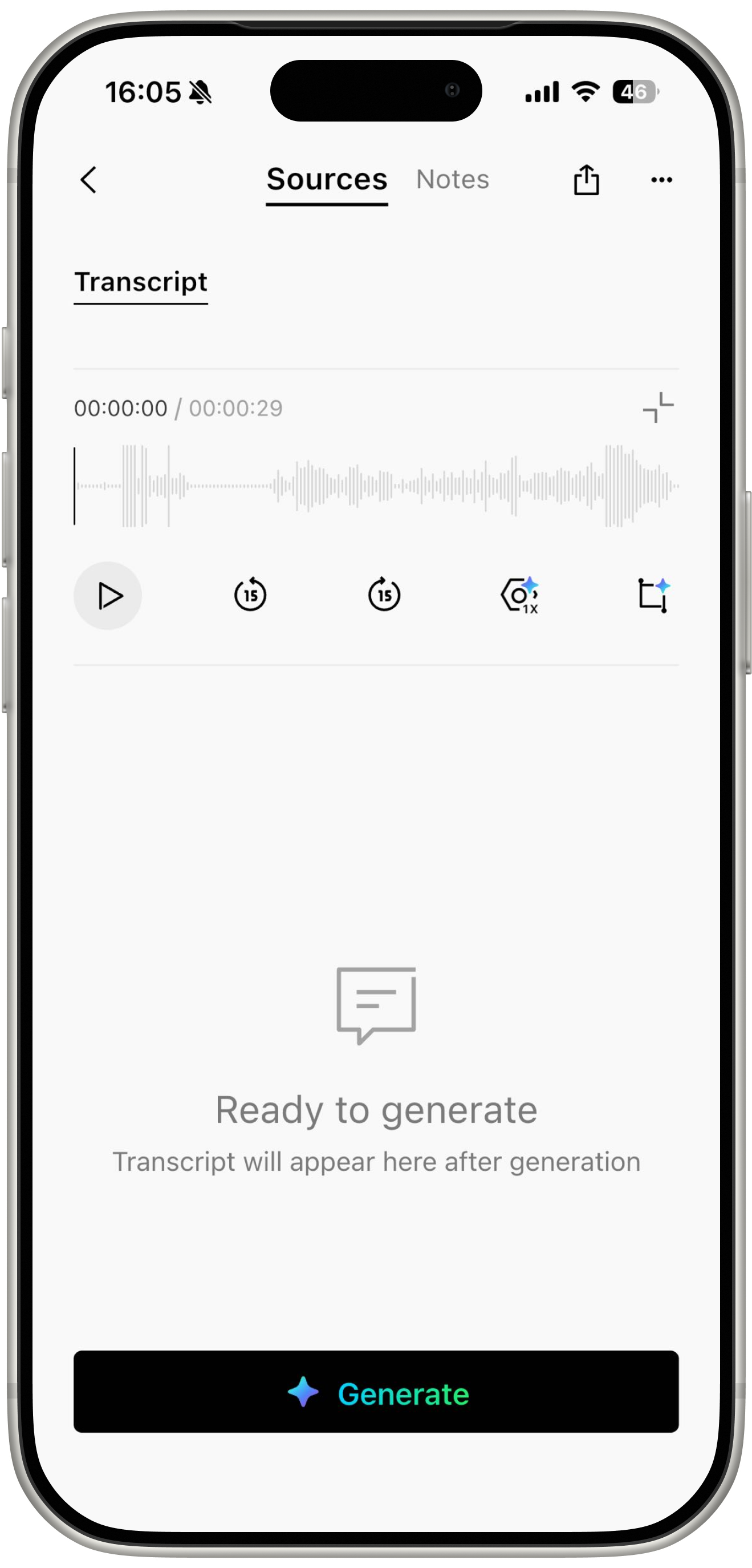 Plaud App interface on a smartphone showing a recording waveform and a Generate button for transcription.