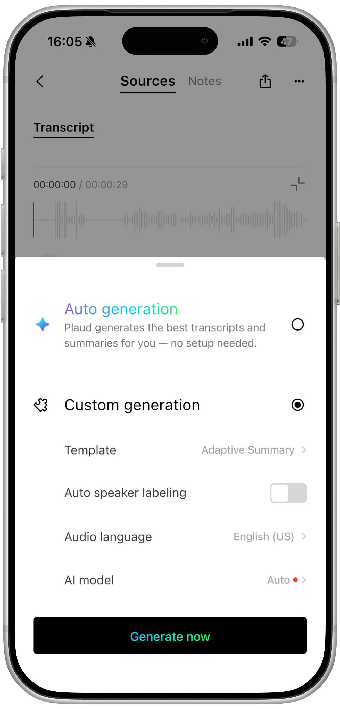 Plaud App UI showing custom generation settings for transcripts, including template and AI model selection.