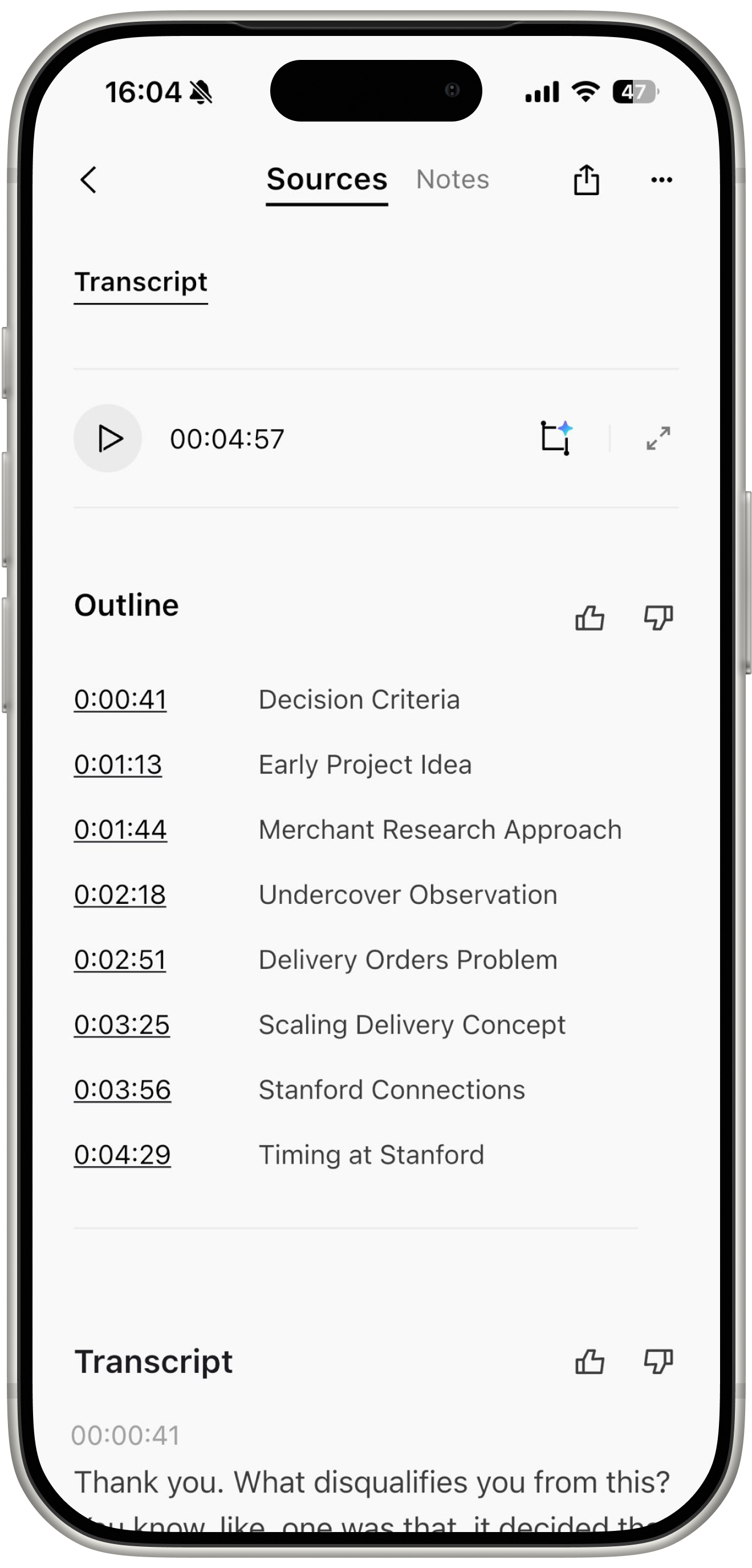 Plaud App interface on a smartphone showing an AI-generated outline with timestamps and a meeting transcript.