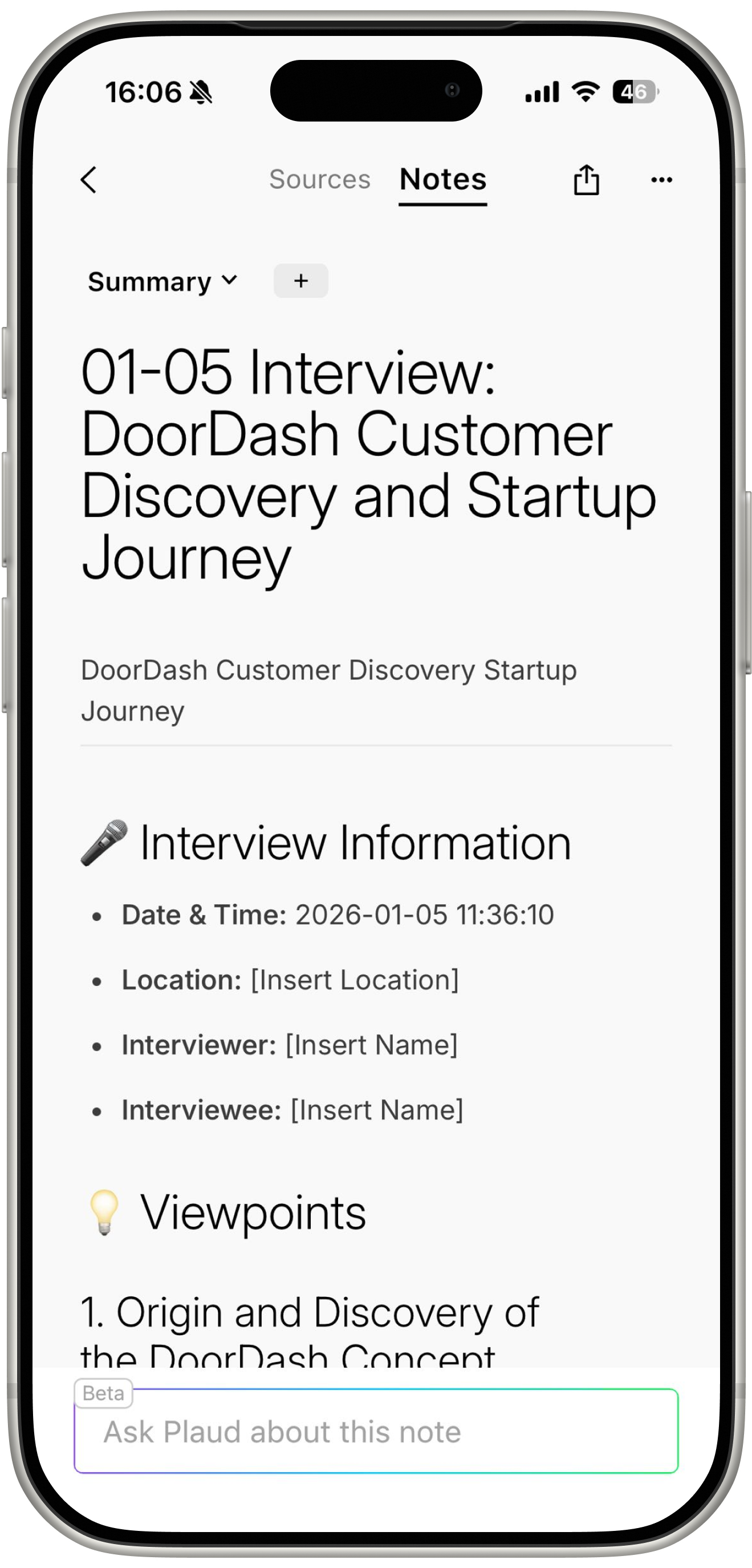 Plaud App screen displaying an AI interview summary and an 'Ask Plaud' chat feature.