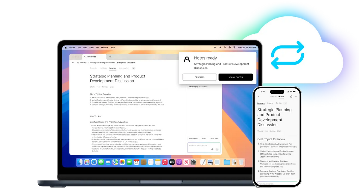 Plaud Web and Plaud App syncing meeting summaries across laptop and smartphone via cloud.