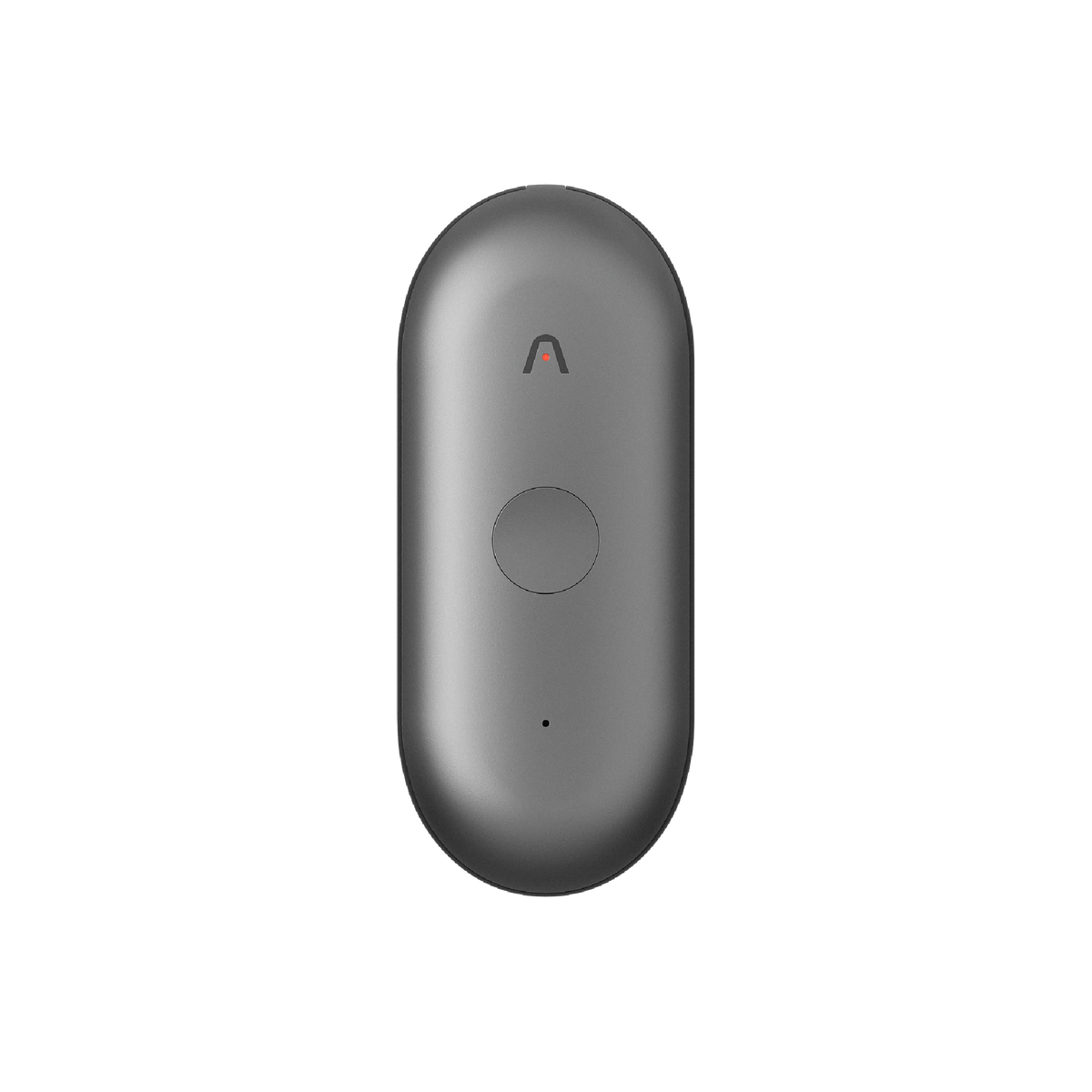 Space gray Plaud NotePin wearable AI voice recorder with a sleek capsule design and central control button.
