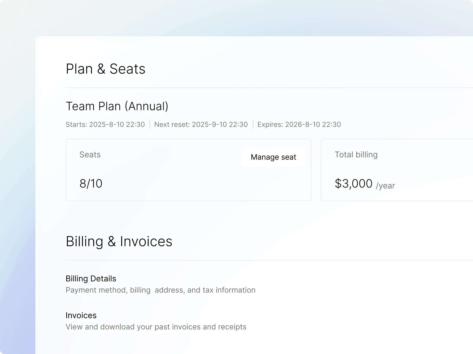 Plaud Web dashboard showing Team Plan details, 8 of 10 seats used, and billing management options.