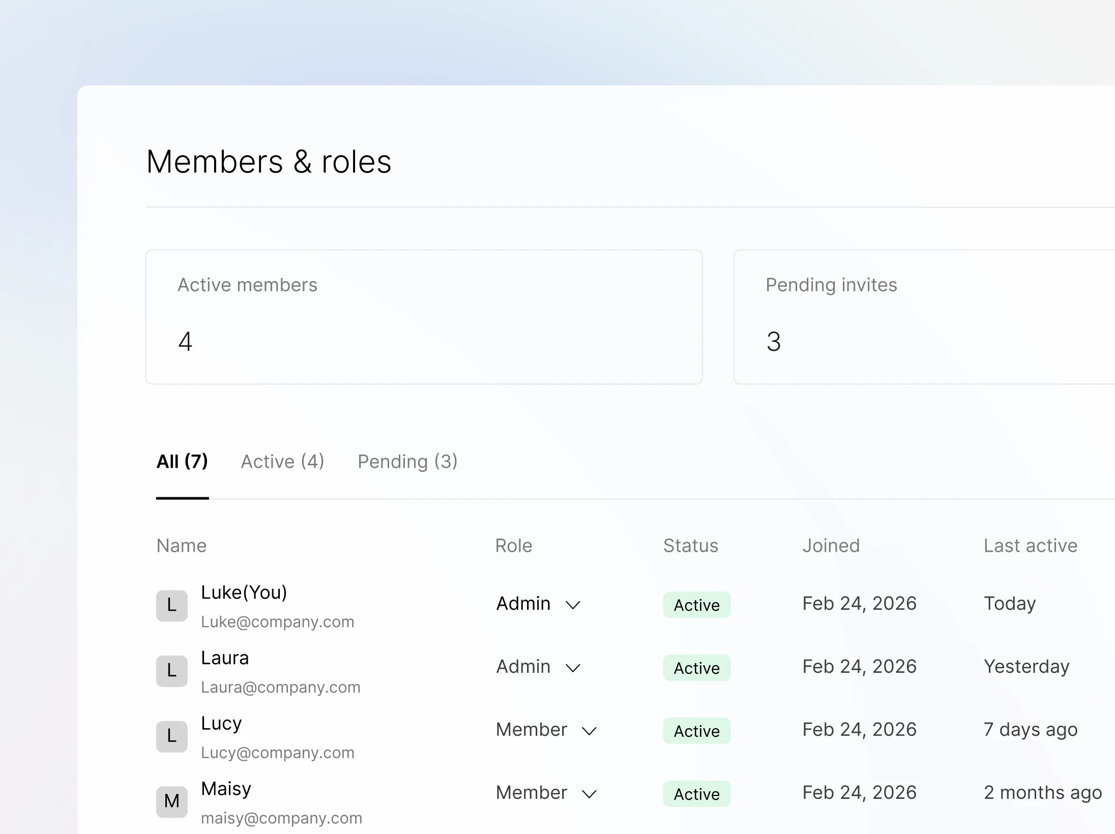 Plaud Web interface showing the Members & roles dashboard with active member counts and a list of team roles.