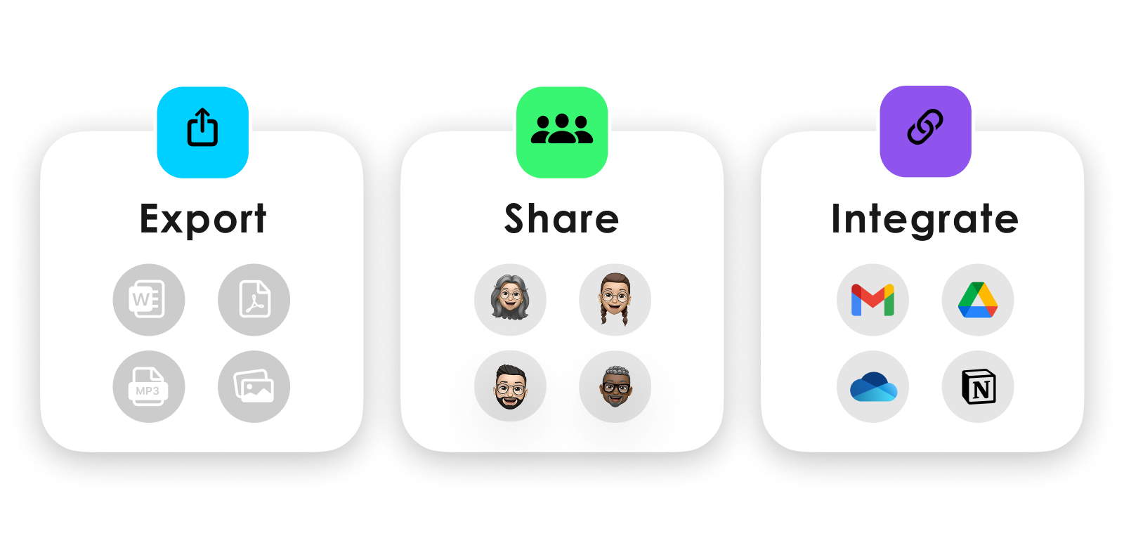 Plaud App features: export files, share with others, and integrate with Gmail, Google Drive, and Notion.