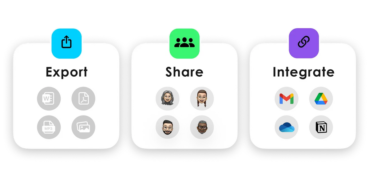 Plaud App features for exporting files, sharing with contacts, and integrating with apps like Gmail and Notion.
