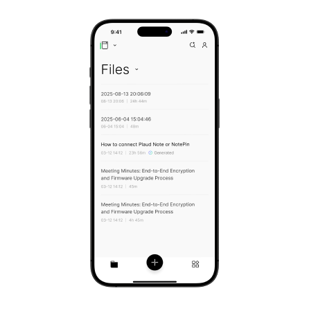 Plaud App file list on a smartphone displaying voice recordings and AI-generated meeting minutes.