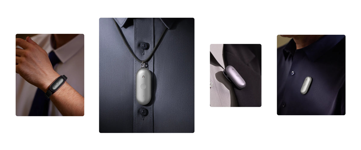 Plaud NotePin worn as a wristband, necklace, and clipped to clothing in various colors.